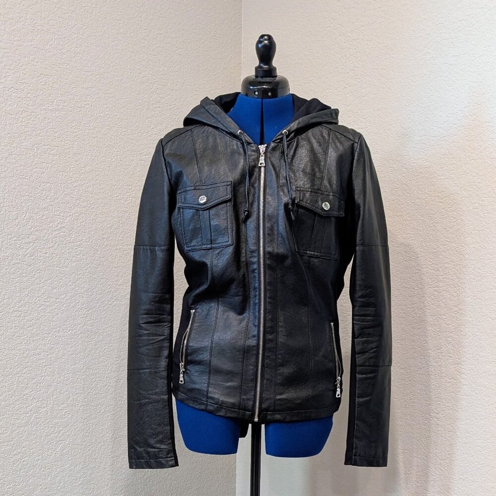 Guess Faux Leather Hooded Motorcycle Jacket Women's Size XL